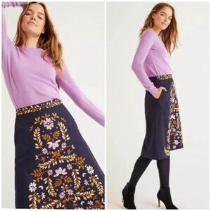 Boden 8R Eyre Floral Embroidered Cotton Midi Skirt | Side Pockets